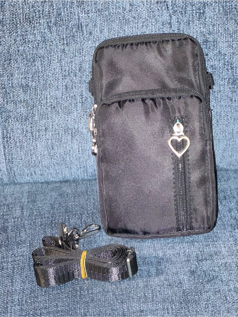 Small Black Convertible Crossbody Phone Pouch with Heart Zipper Pulls